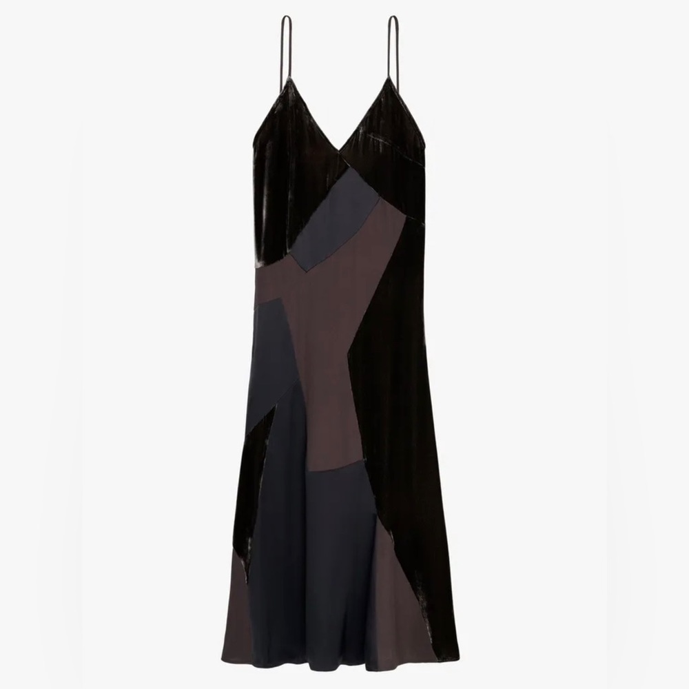 ZARA LIMITED EDITION DRESS Sz M GRAY VELVET SATIN PATCHWORK SPAGHETTI STRAP NWT